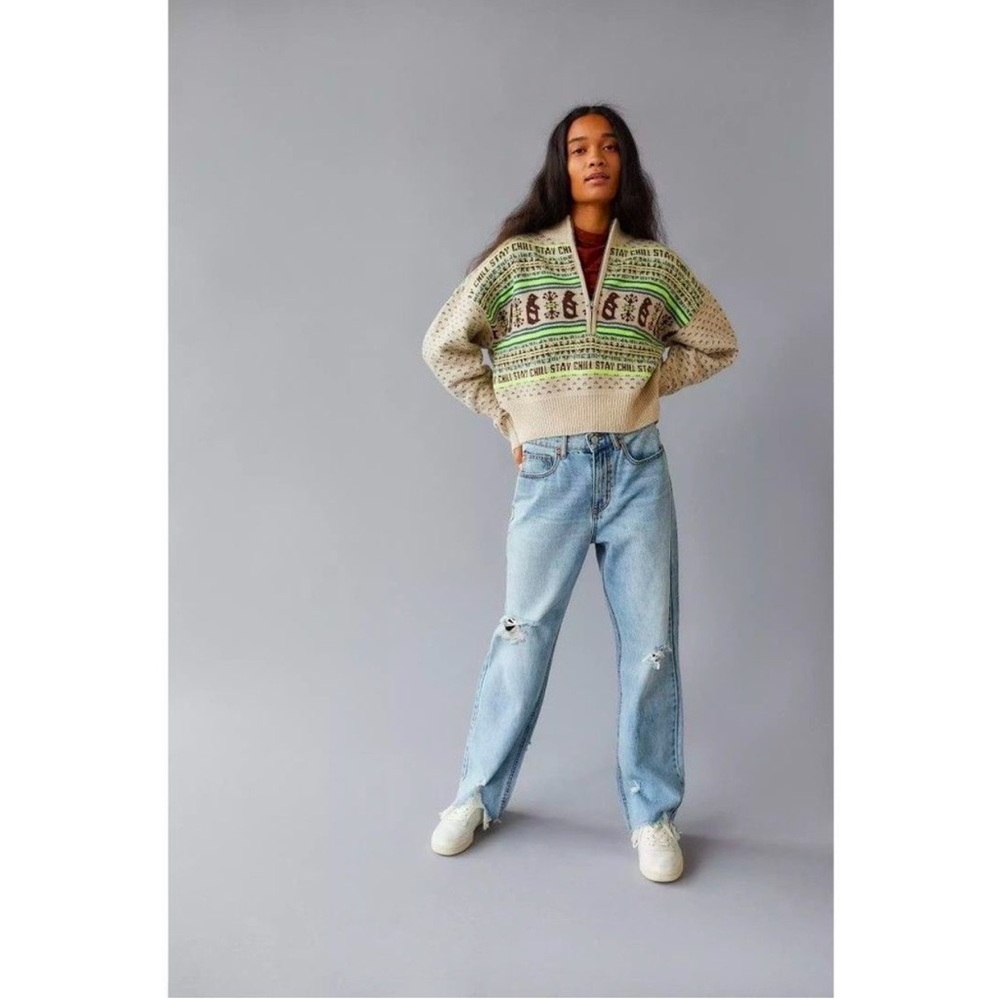 Urban Outfitters BDG Jesse Half-Zip Sweater Tan Brown and Neon Green - XS - Picture 6 of 16